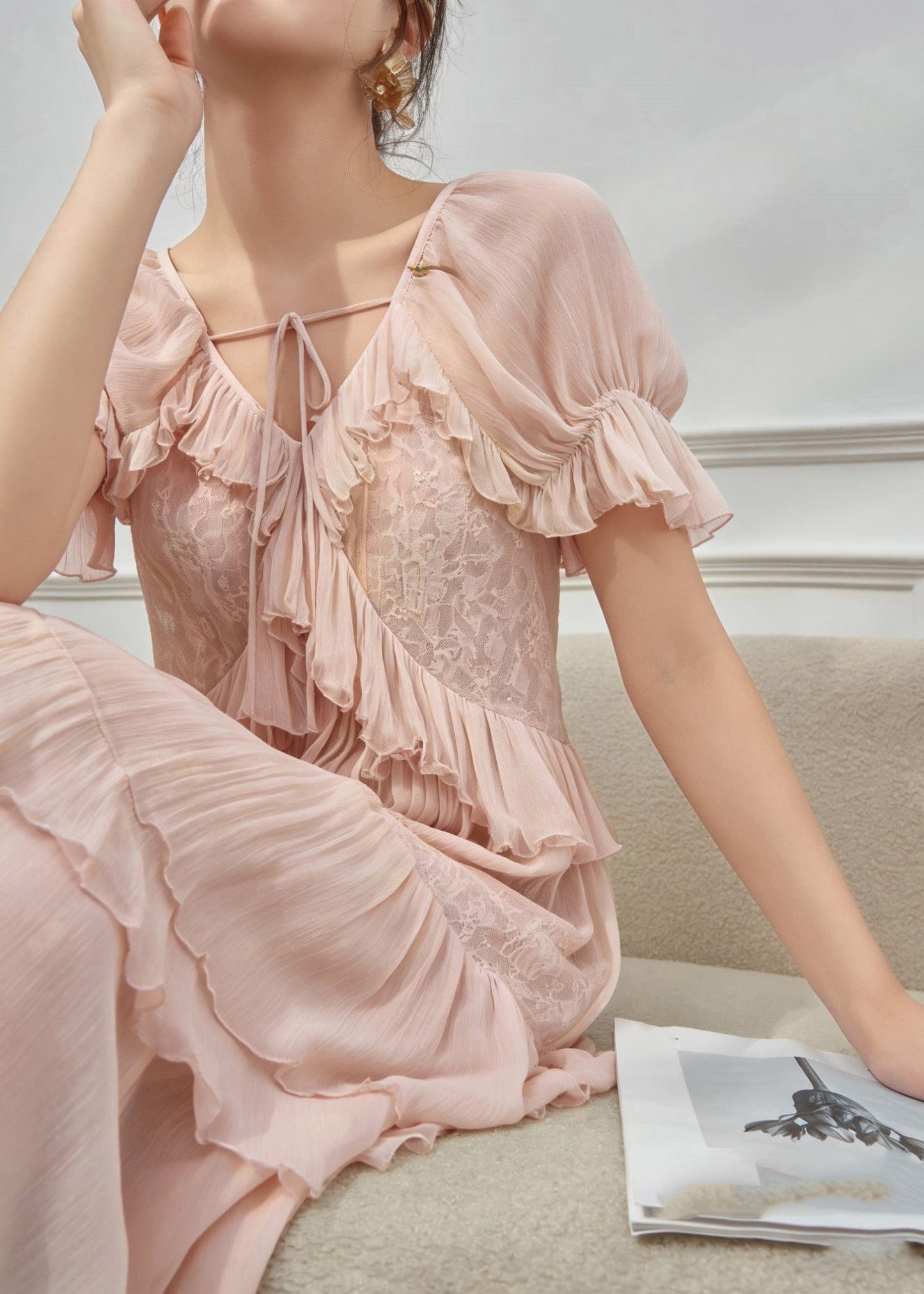 Pink V Neck Ruffled Patchwork Long Dress Short Sleeve