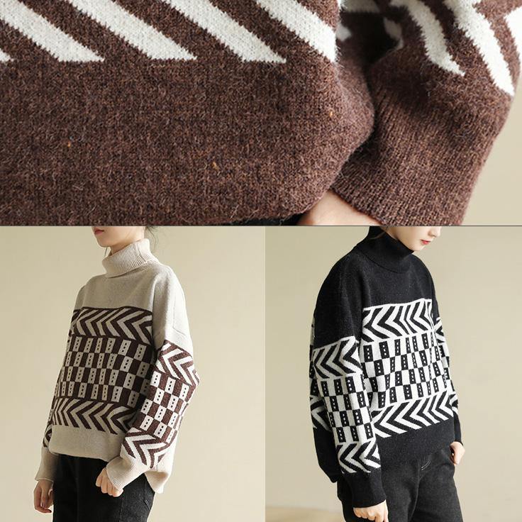Beige Knitted Pullover Patchwork Oversized High Neck Sweaters