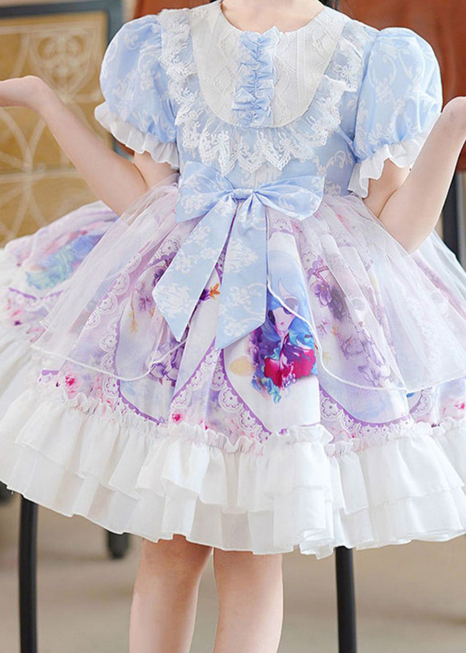 Diy Blue O-neck Print Patchwork Bow Tulle Mid Dress Puff Sleeve