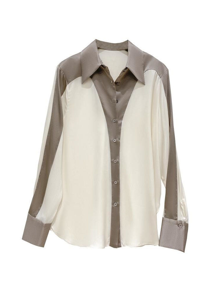 Diy Colorblock Peter Pan Collar Patchwork Silk Shirt Spring