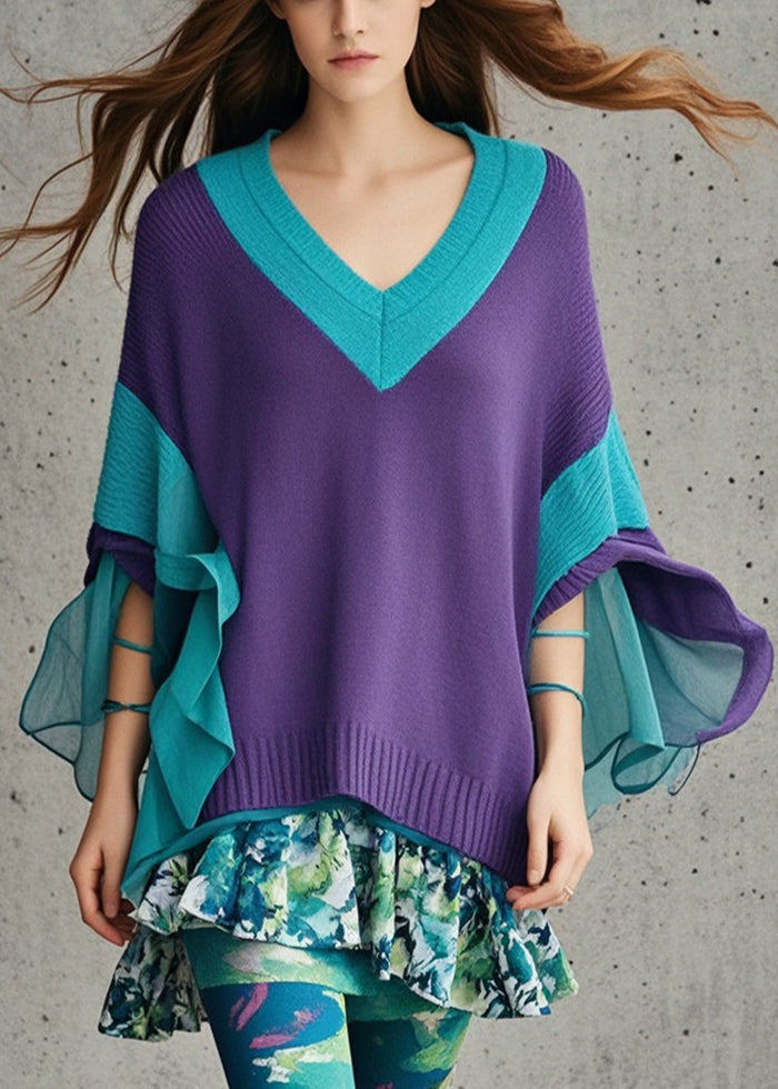 Diy Dull Purple V Neck Patchwork Tulle Sweater Fall