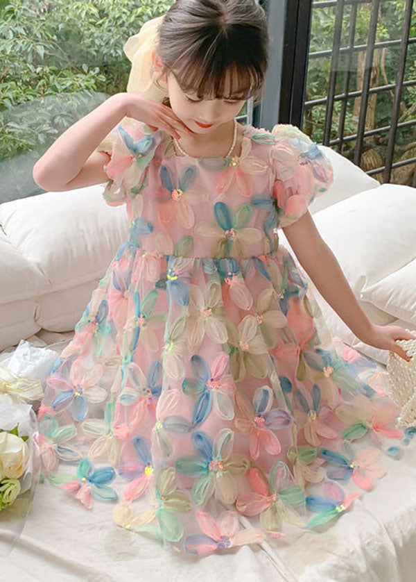 Diy Wrinkled Patchwork Tulle Kids Dresses Puff Sleeve