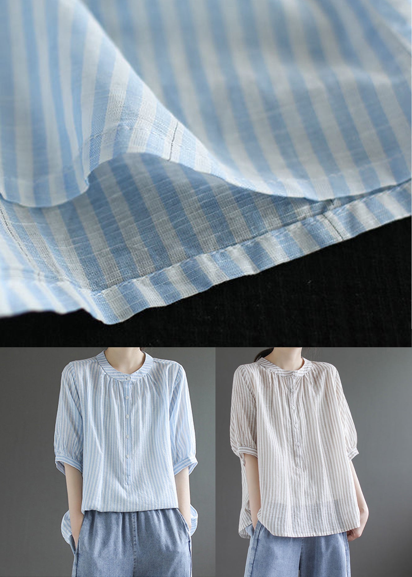 Diy Khaki Oversized Striped Cotton Shirt Half Sleeve