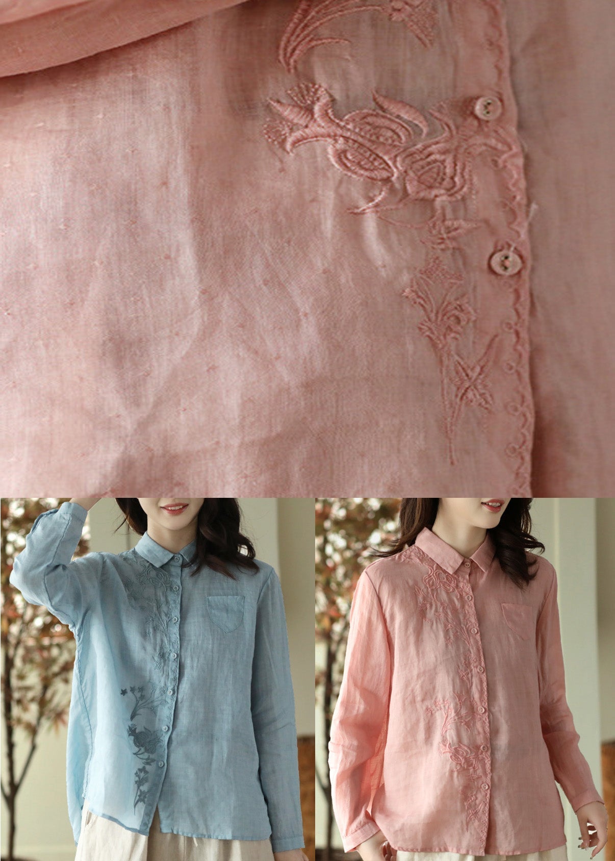 Diy Pink Peter Pan Collar Ramie Shirts Spring