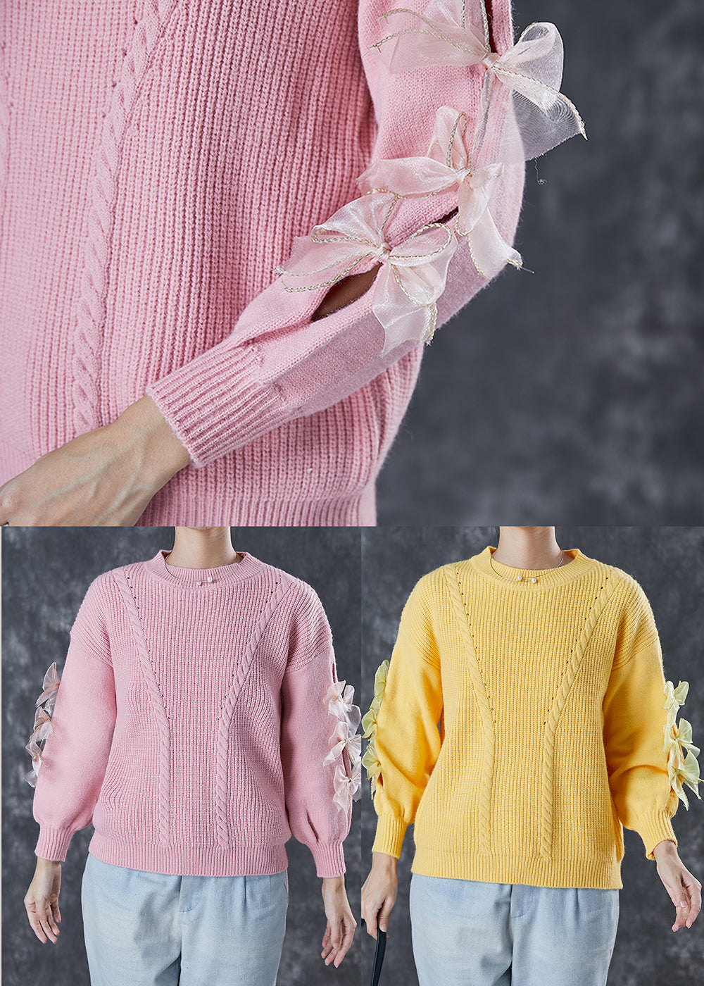 Diy Pink Thick Patchwork Bow Knit Sweater Winter