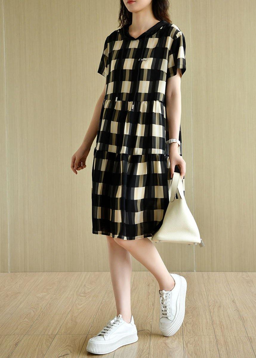 Black Plaid Hooded Patchwork Summer Cotton Dresses