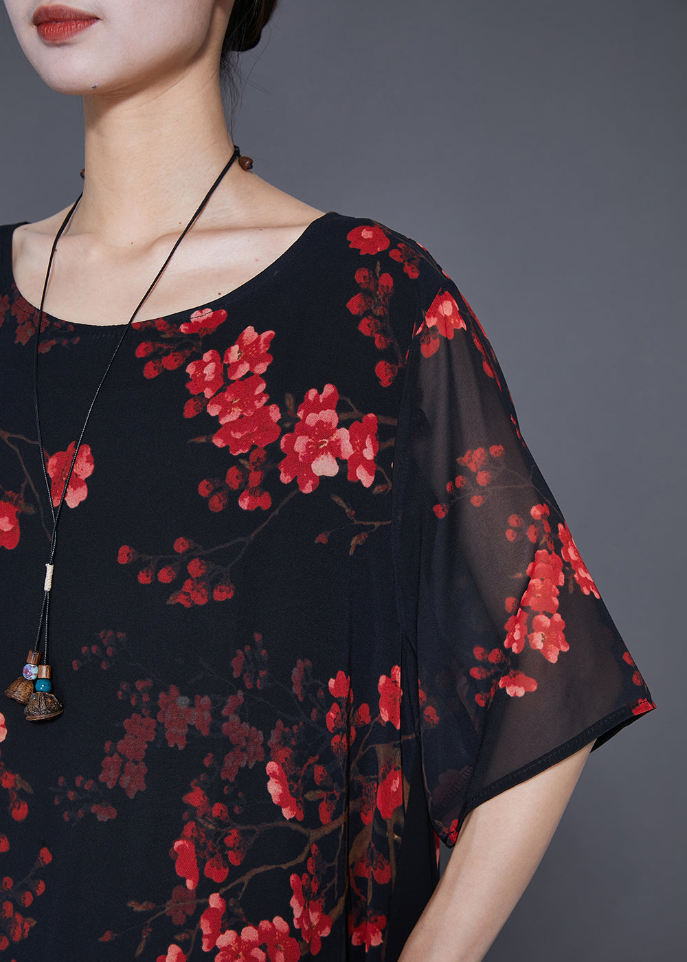 Black Print Patchwork Ruffles Chiffon Dresses Summer