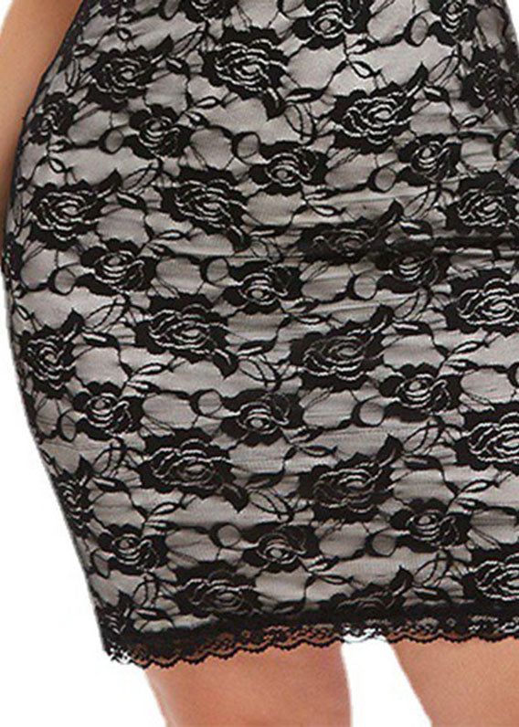 Black V Neck High Waist Lace Patchwork Mid Dress Short Sleeve