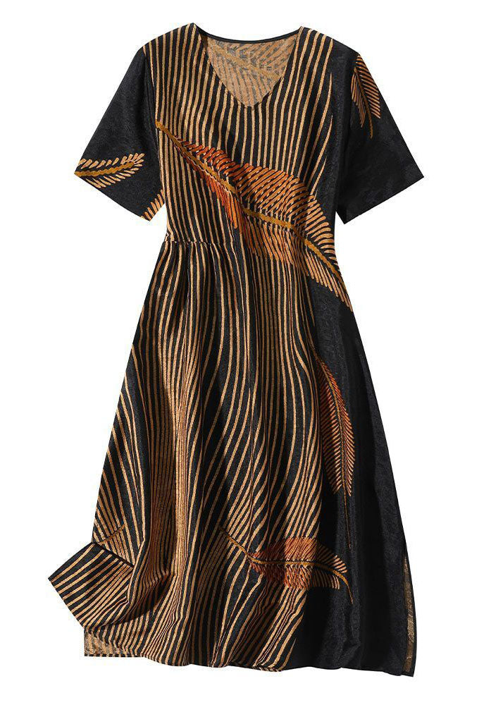 Black V Neck Leaf Print Side Open Silk Long Dress Summer