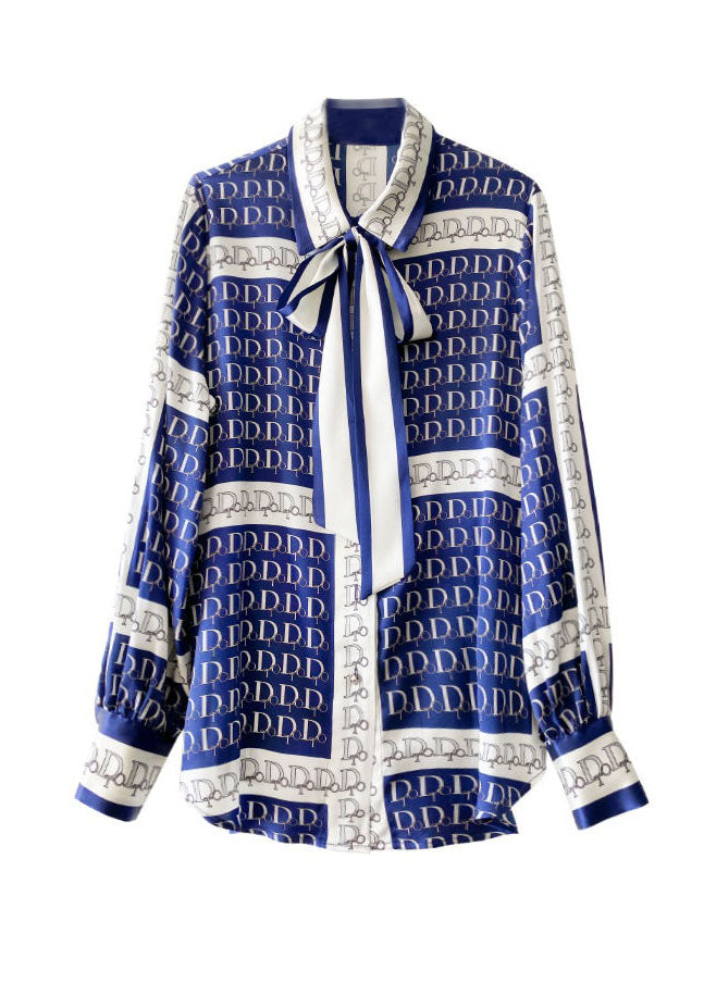 Blue Bow Print Wrinkled Silk Blouse Tops Spring