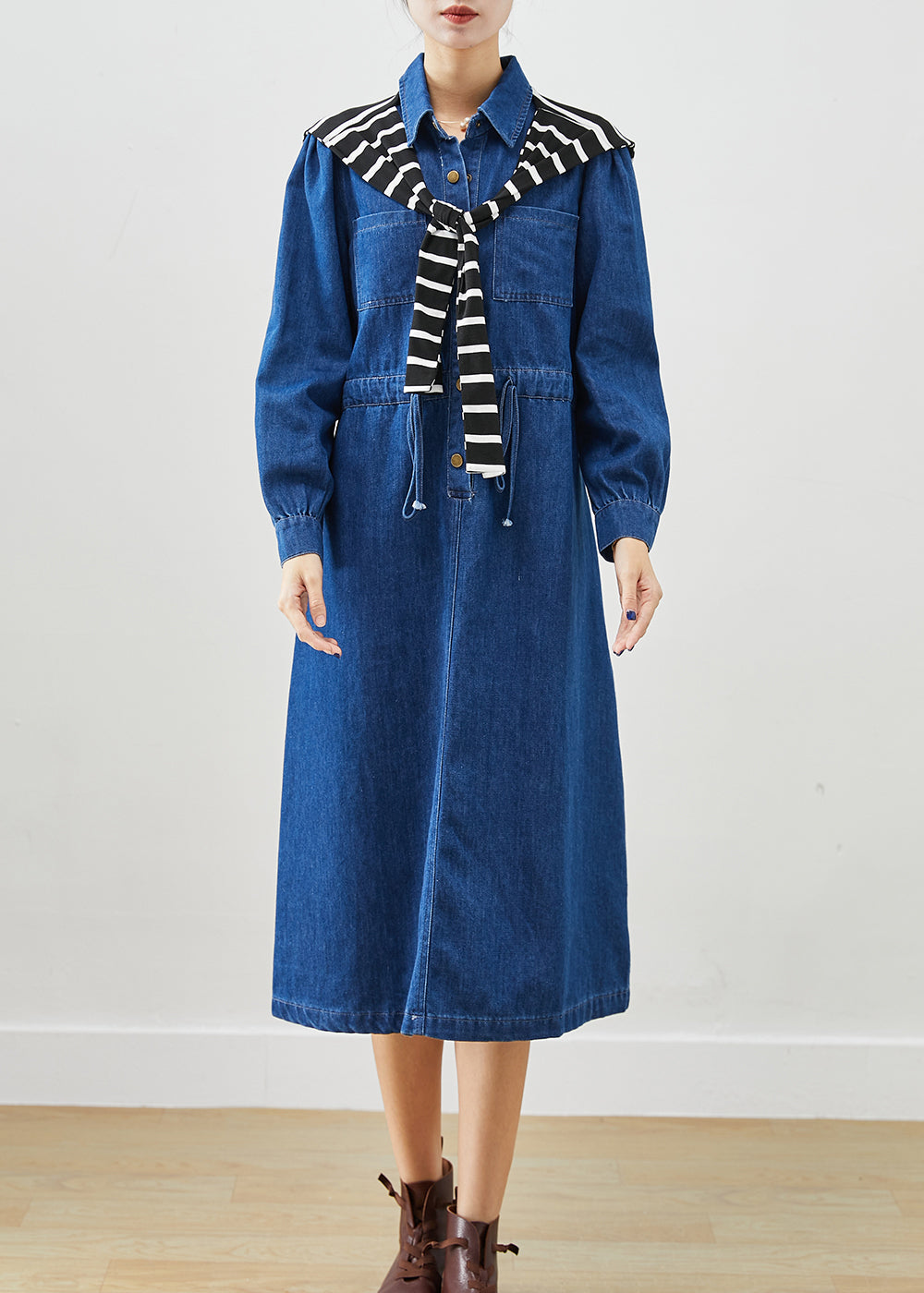 Blue Cinched Give Shawl Denim Long Dress Fall