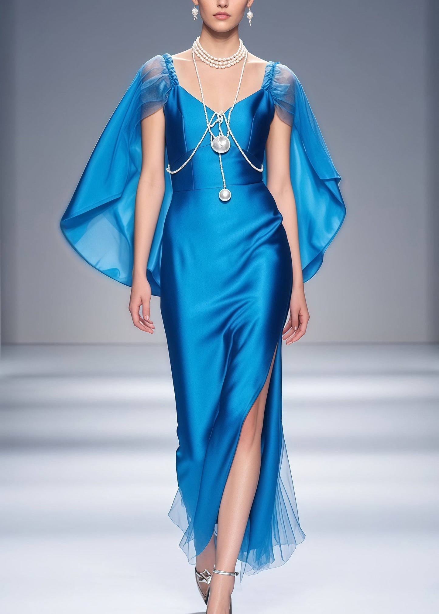 Blue Cloak Patchwork Side Open Silk Dinner Dresses Summer