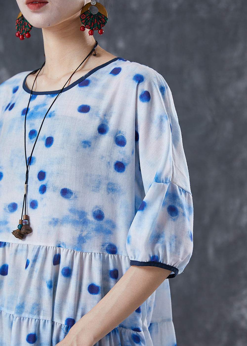 Blue Dot Oversized Patchwork Linen Maxi Dresses Summer