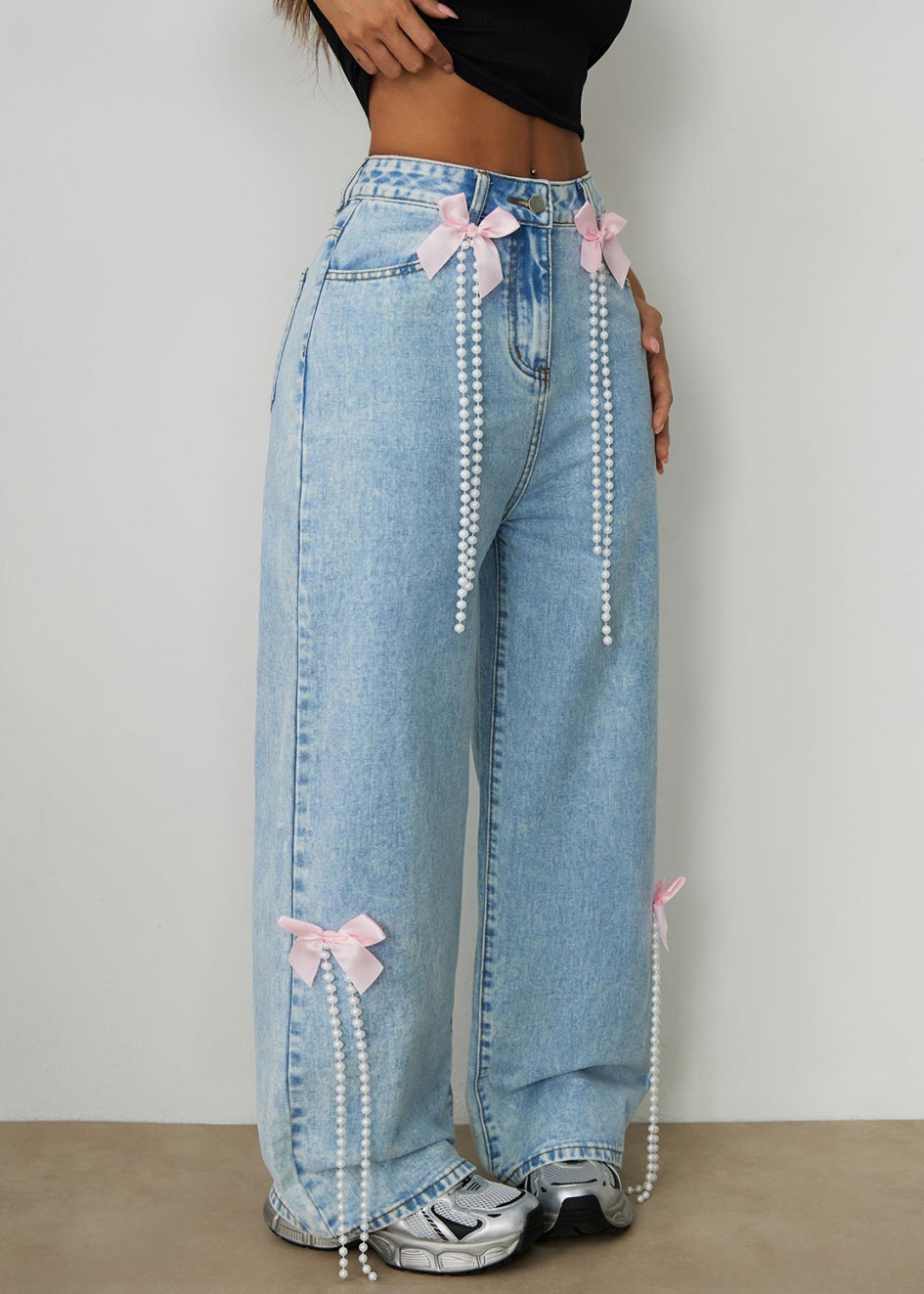 Blue High Waist Bow Pearl Tassel Wide Leg Jeans