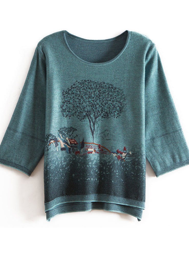 Blue O-neck Print Knit Sweater Tops Bracelet Sleeve