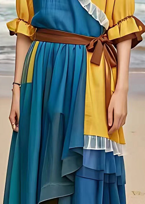 Blue Ruffled Tie Waist Patchwork Chiffon Dress Flare Sleeve