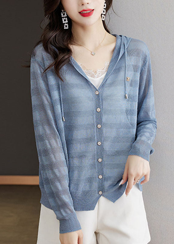 Blue Striped Patchwork Drawstring Hooded Ice Size Knit Cardigan Long Sleeve