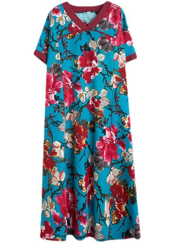Blue V Neck Patchwork Print Cotton Dresses Short Sleeve