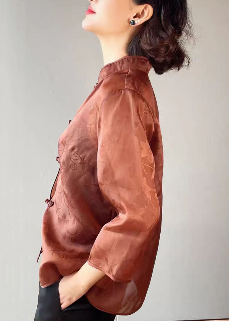 Brown Stand Collar Button Print Silk Blouses Summer