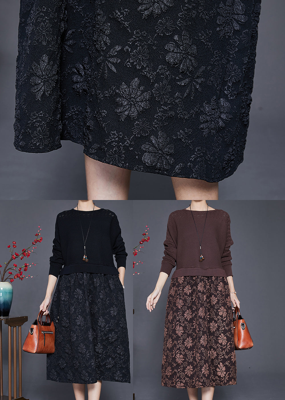 Coffee Jacquard Patchwork Knit Maxi Dresses Fall