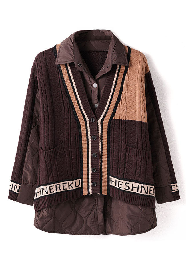 Chocolate Peter Pan Collar Knit Patchwork Fine Cotton Filled Shirt Top Winter