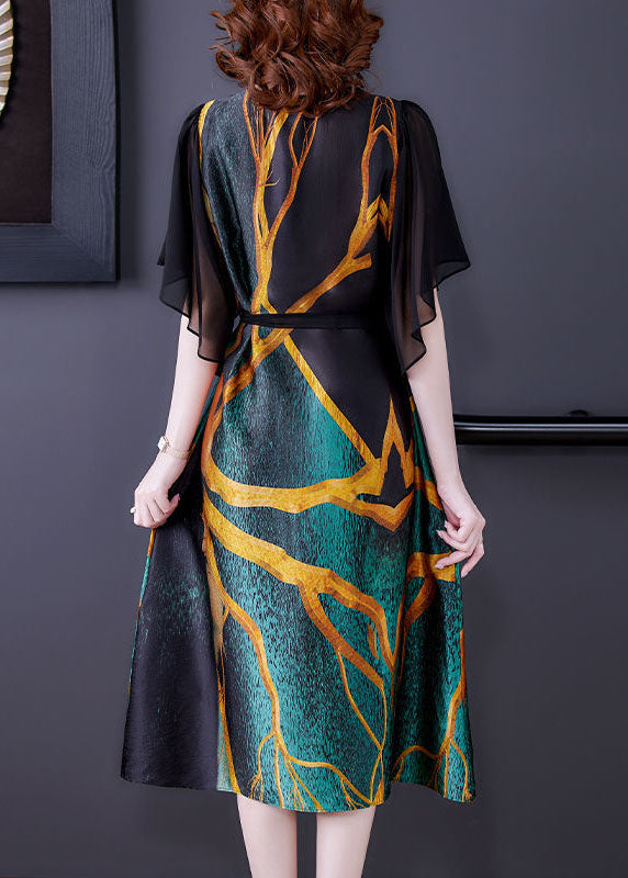 Colorblock V Neck Patchwork Print Silk Dresses Summer