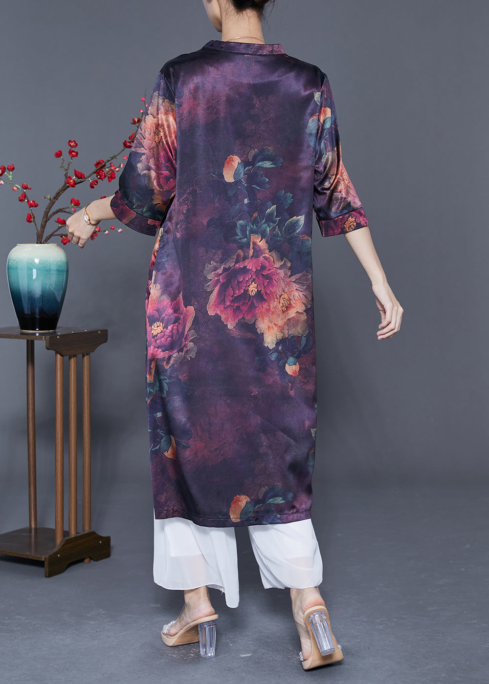 Dark Purple V Neck Print Silk Long Dress Summer