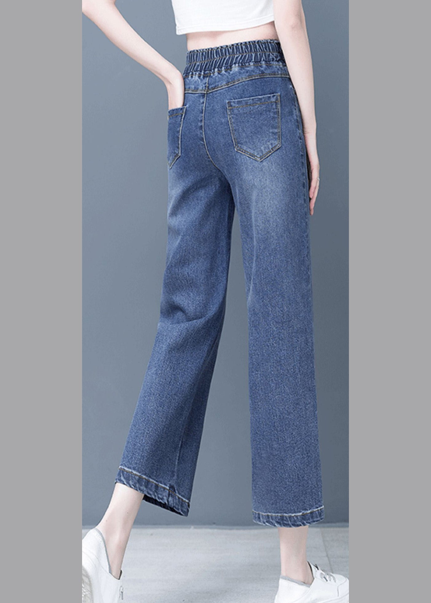 Denim Blue Patchwork Elastic Waist Crop Wide Leg Pants