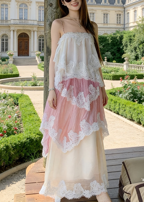 Gradient Pink Patchwork Lace Holiday Cami Dress Summer