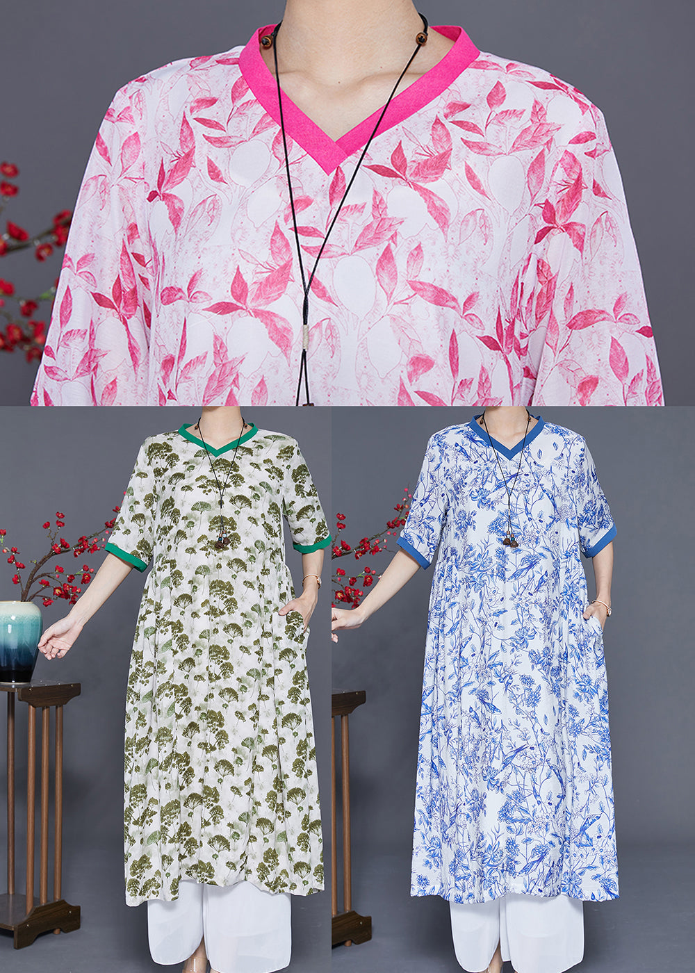 Green Print Exra Large Hem Linen Dresses Summer