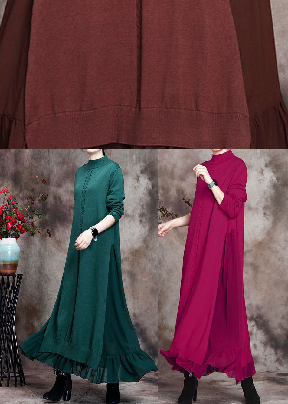 Green Stand Collar Asymmetrical Design Fall Knit Sweater Dress