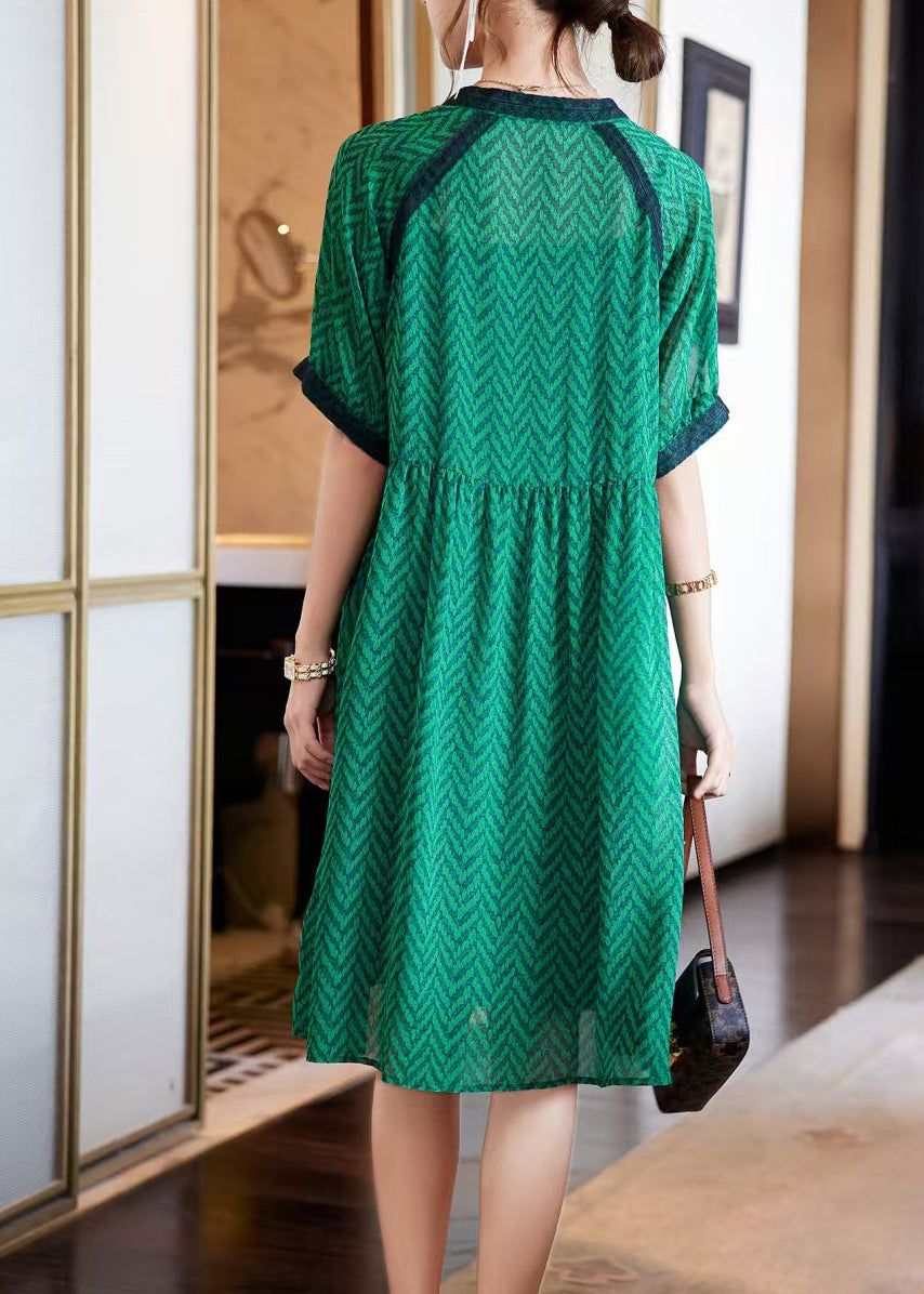 Green V Neck Print Chiffon Holiday Dress Summer