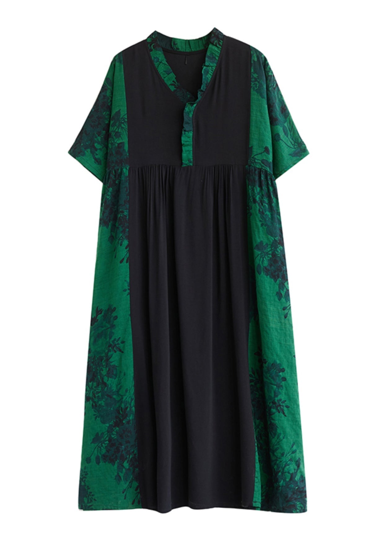 Green V Neck Print Patchwork Maxi Dresses Summer