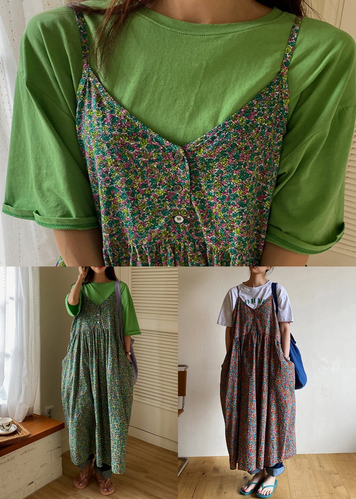 Green V Neck Print Pockets Cotton Tank Dress Sleeveless
