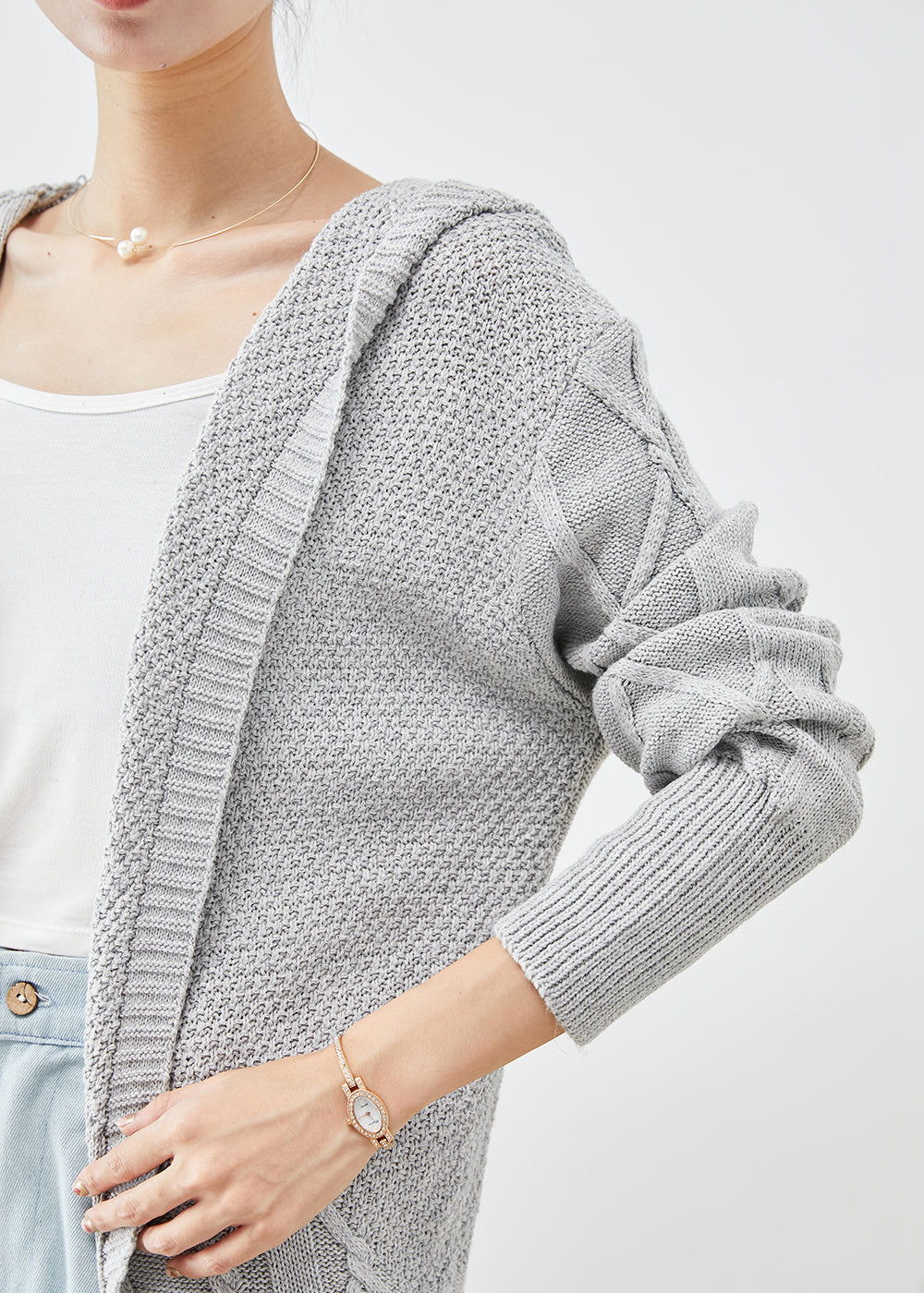 Grey Hooded Oversized Knit Cardigans Spring