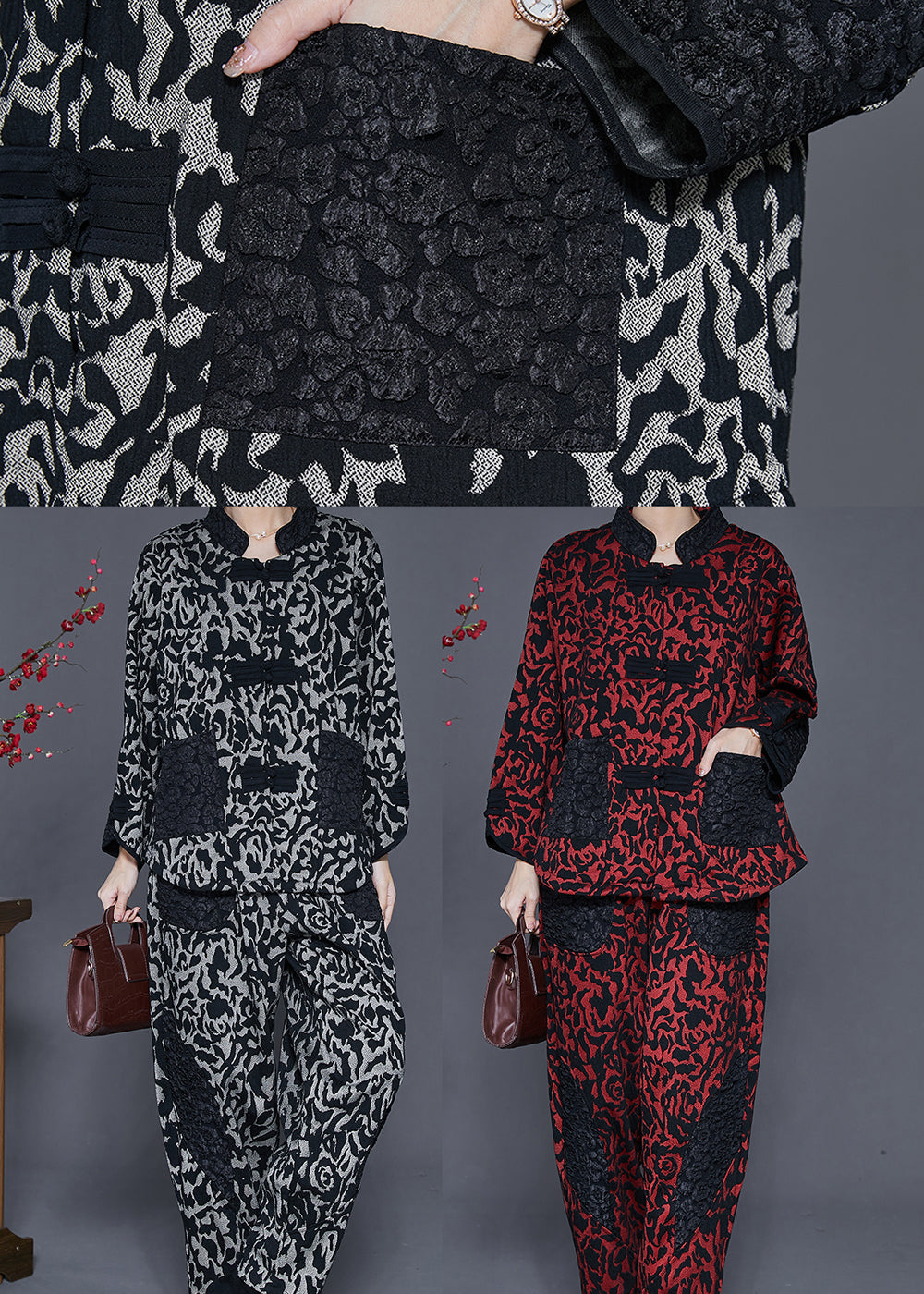 Grey Jacquard Patchwork Cotton Oriental Two Pieces Set Spring