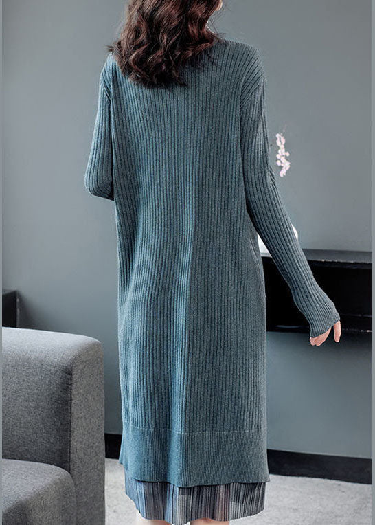 Lake Blue Turtle Neck Patchwork Knit Long Sweater Winter