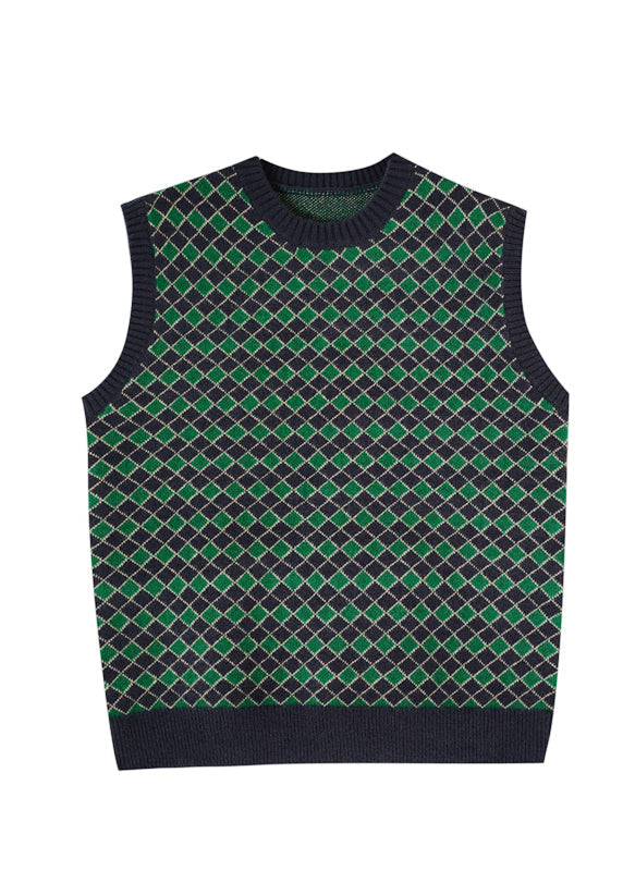 Navy O-neck Plaid Knitted Cotton Thread Waistcoat Fall
