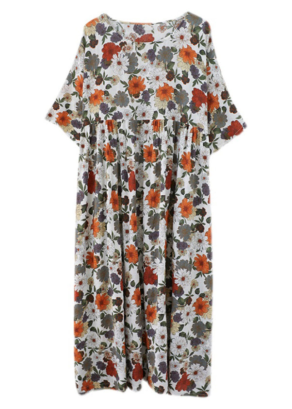 Orange Print Wrinkled Maxi Dresses Summer