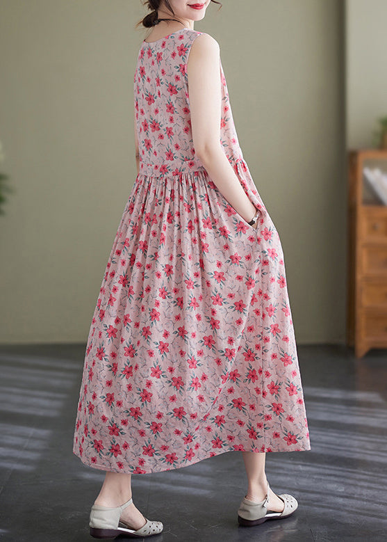 Pink Lace Up Wrinkled Print Cotton Long Dress Sleeveless