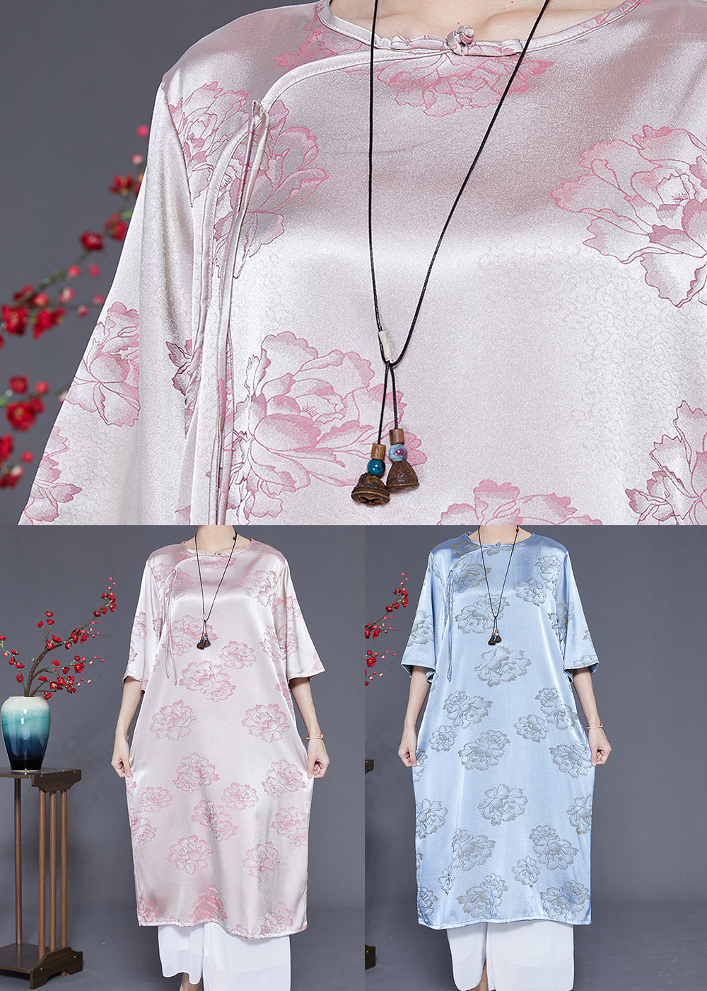 Pink O-neck Print Tassel Silk Long Dress Half Sleeve