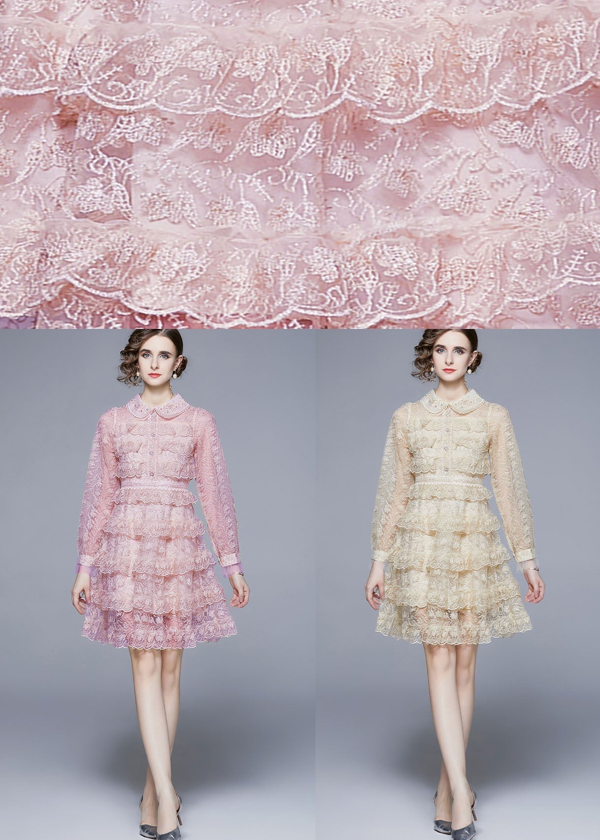 Pink Peter Pan Collar Ruffles Patchwork Mid Dress Long Sleeve