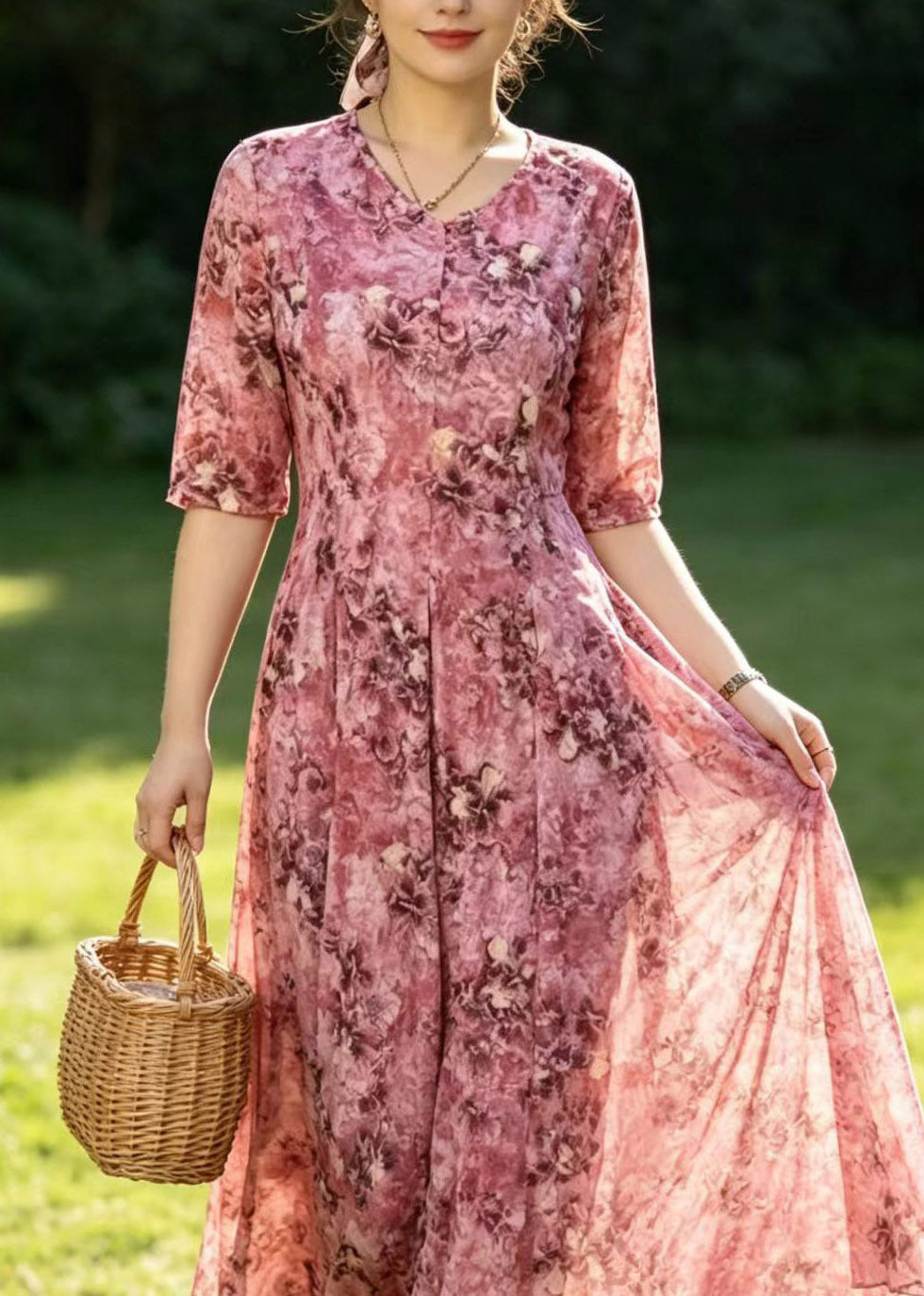 Pink Print Slim Silk Maxi Dresses Short Sleeve