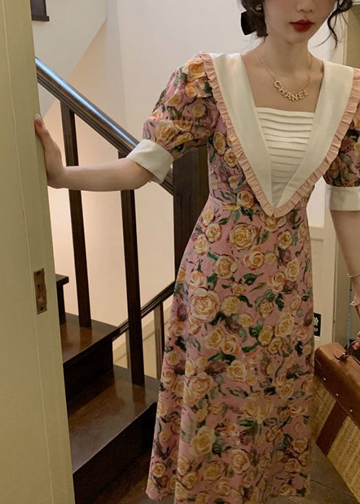 Pink Ruffled Print Lace Up Cotton Dresses Summer