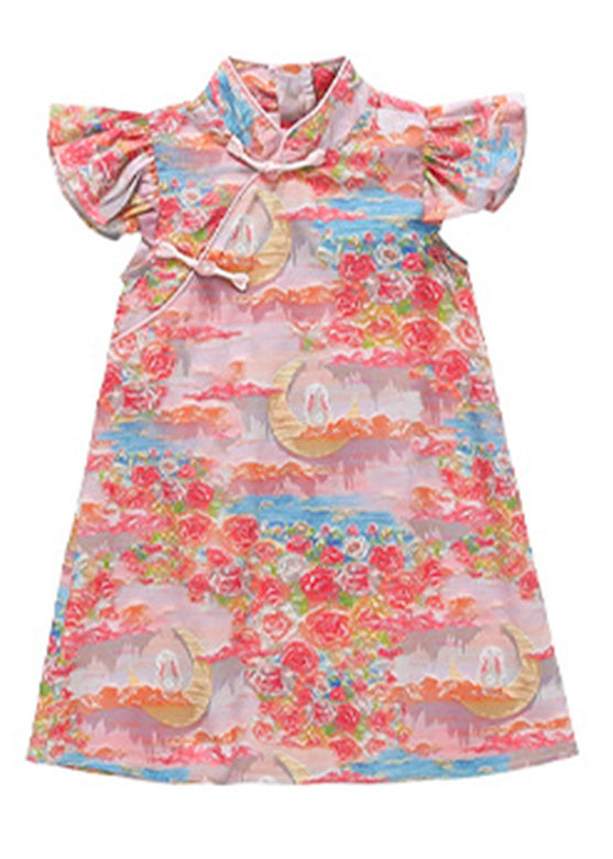 Pink Stand Collar Button Mid Dress Summer