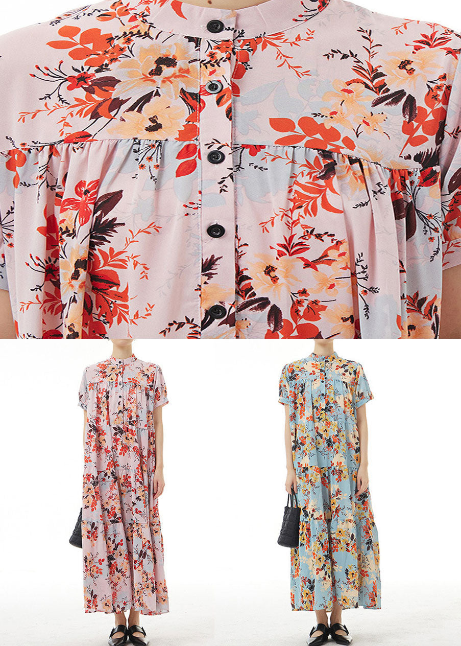 Pink Stand Collar Wrinkled Print Patchwork Chiffon Dress Summer