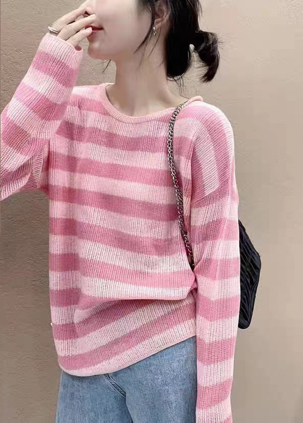 Pink Striped O Neck Cozy Knit Top Long Sleeve