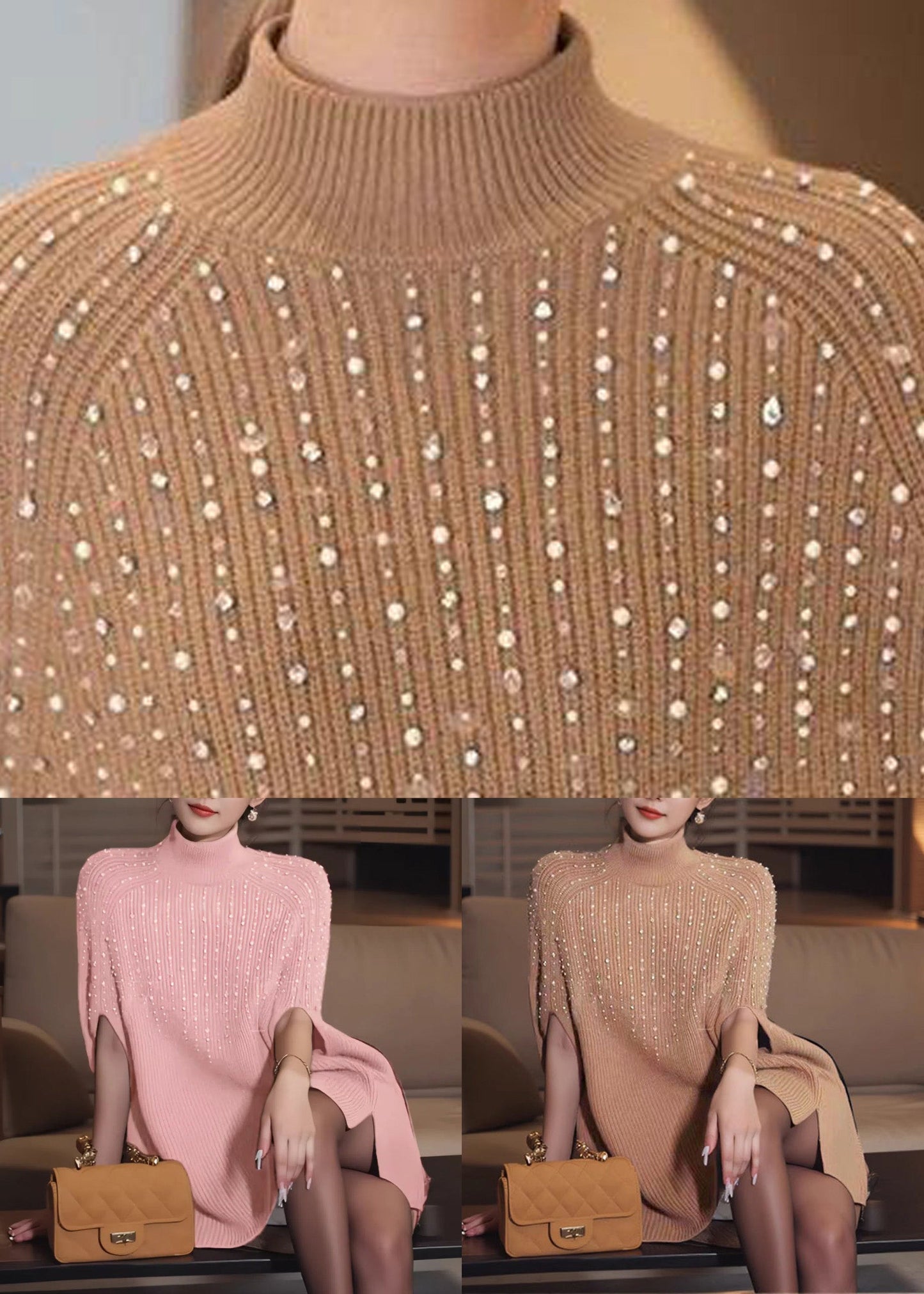 Pink Turtleneck Thick Cotton Knit Sweaters Winter