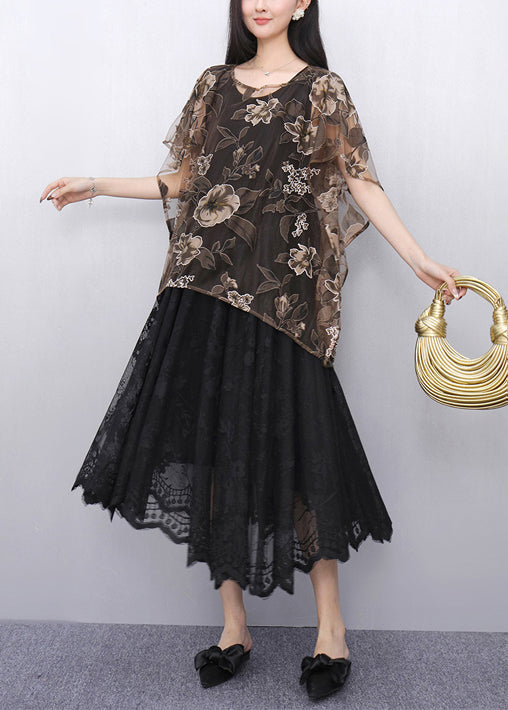 Print Chiffon Tops and Tulle Dress Two Pieces Set Summer