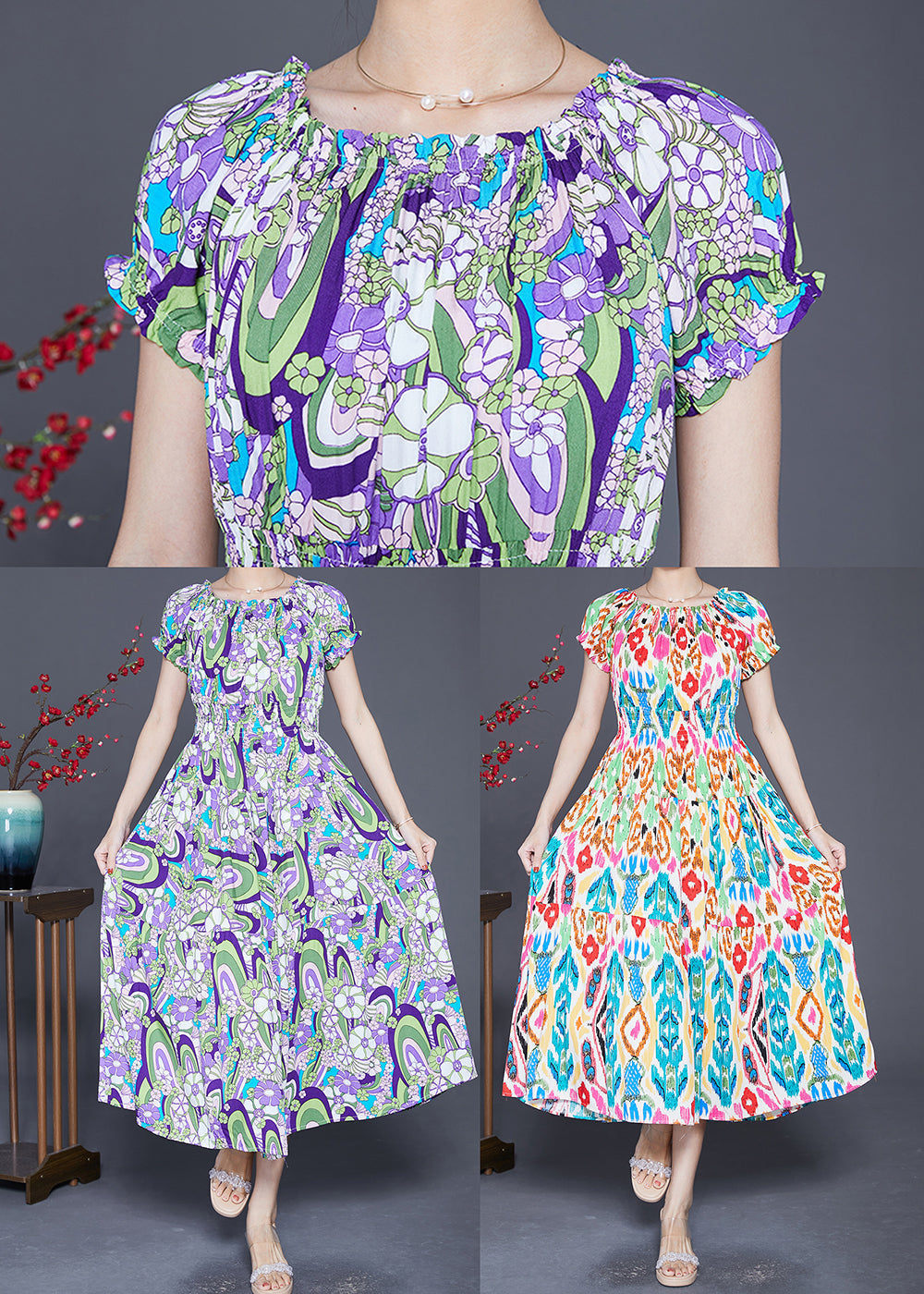 Purple Elastic Waist Print Cotton Beach Dress Summer